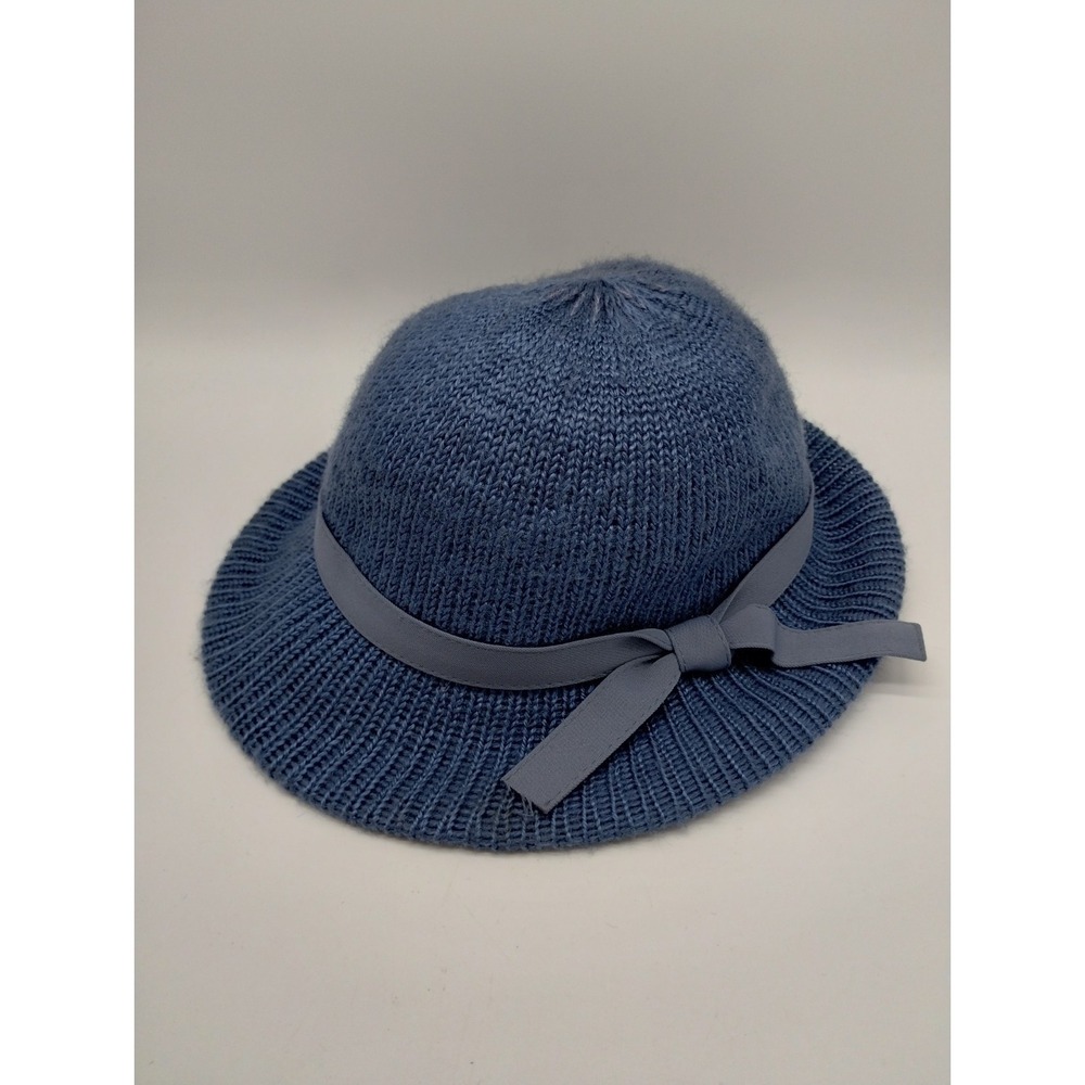 Vintage Marshall Fields Women's Knit Blue Gray Hat Ribbon Trim